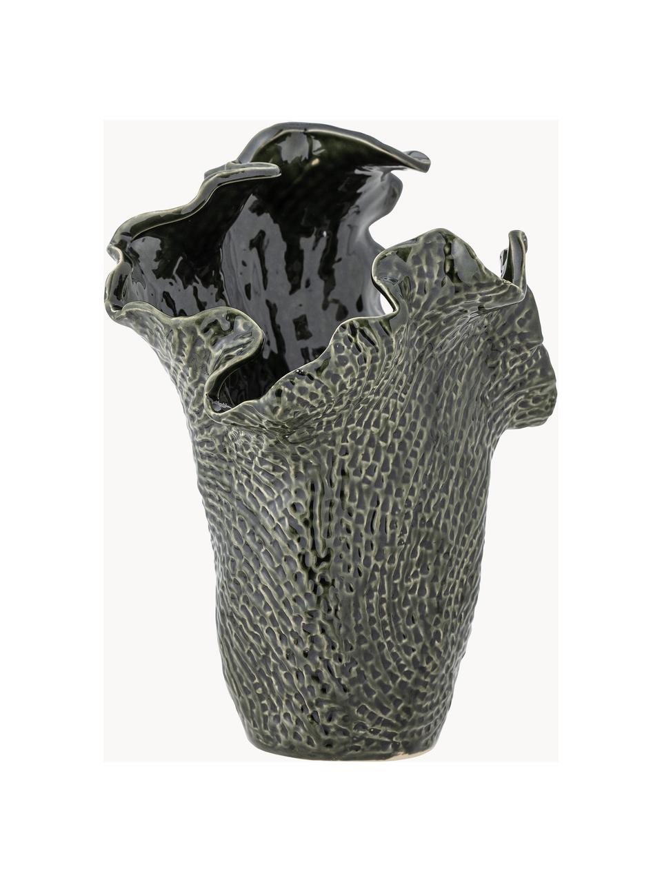 Handgefertigte Steingut-Vase Safiya, H 30 cm, Steingut, Dunkelgrün, Schwarz, B 25 x H 30 cm
