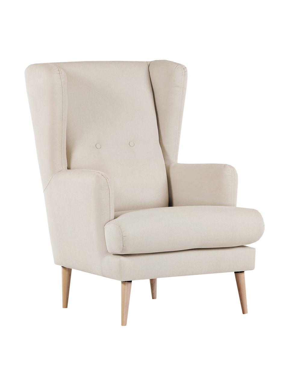 Fotel uszak w stylu scandi Robin, Tapicerka: 90% poliester, 10% poliam, Nogi: drewno lakierowane, Beżowa tkanina, S 77 x G 85 cm