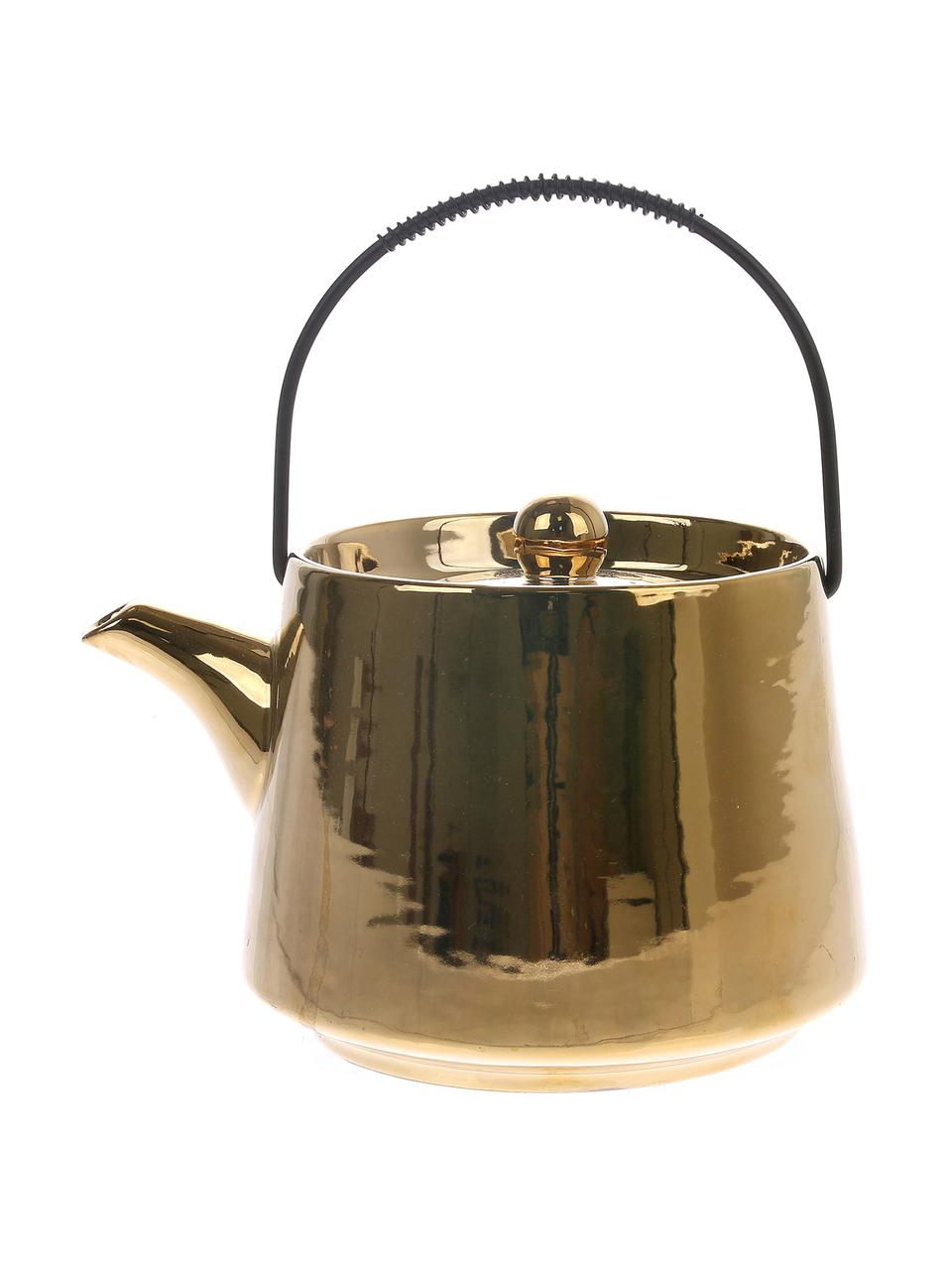 Handgemaakte keramiek Theepot Bold & Basic, 840 ml, Hoogglanzend goudkleurig. Handvat: zwart, 840 ml