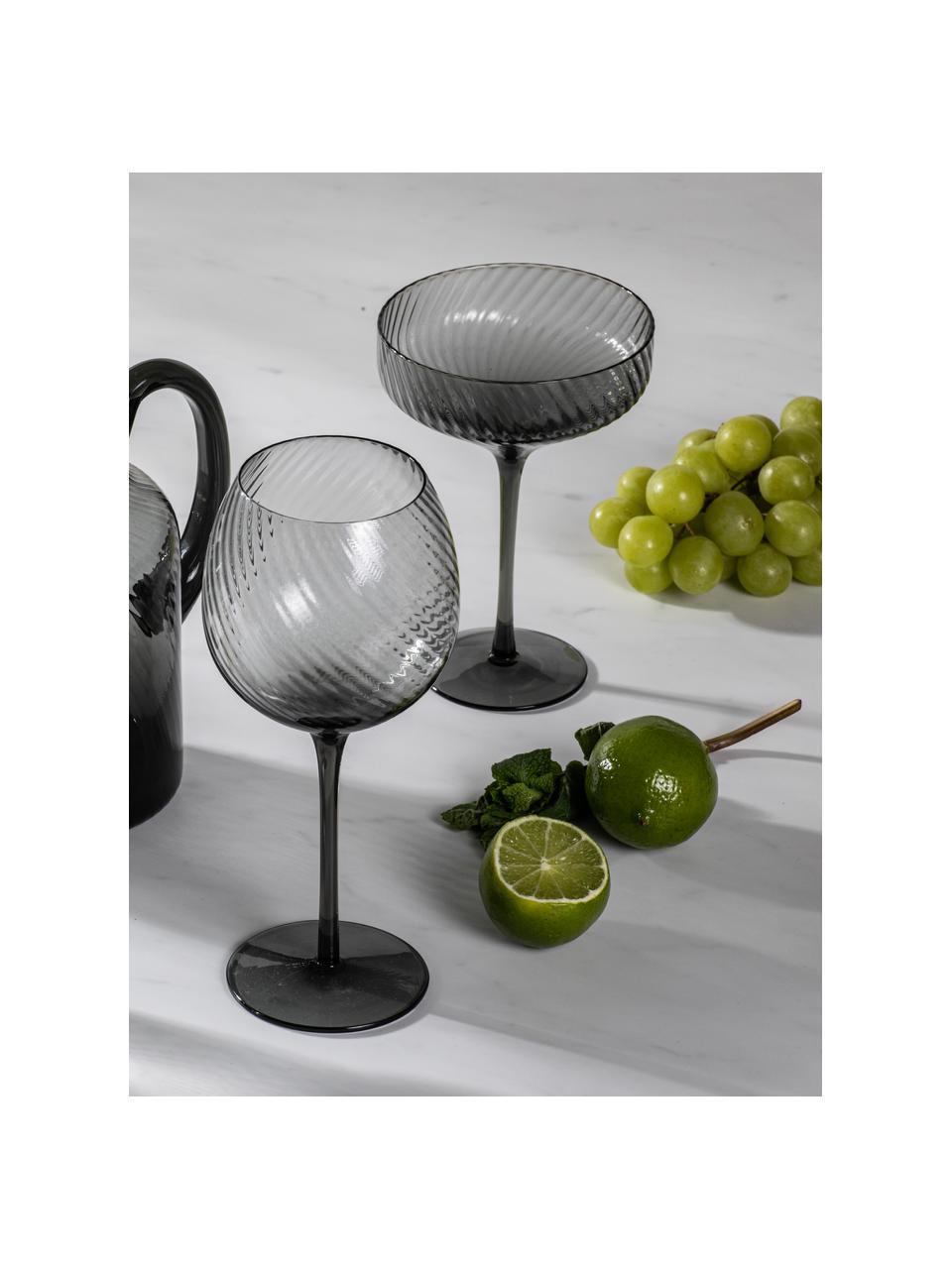 Mondgeblazen cocktailglazen Katrina met groefstructuur, 4 stuks, Glas, Zwart, transparant, Ø 12 x H 17 cm, 300 ml