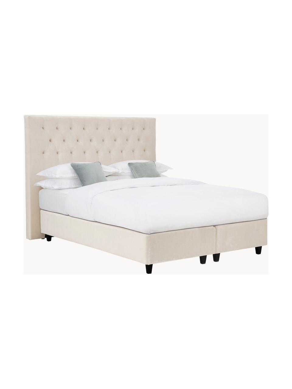 Letto boxspring in velluto premium Pheobe, Materasso: nucleo a 5 zone di molle , Piedini: legno massiccio di betull, Velluto beige, Larg. 180 x lung. 200 cm, grado di durezza H2