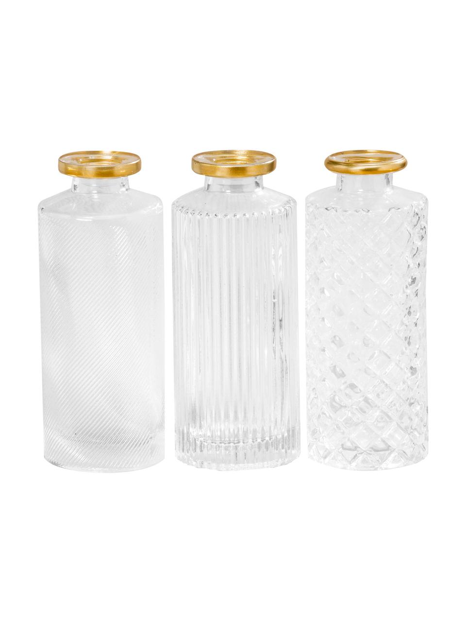 Set de jarrones pequeños de vidrio Adore, 3 uds., Vidrio pintado, Transparente, dorado, Ø 5 x Al 13 cm