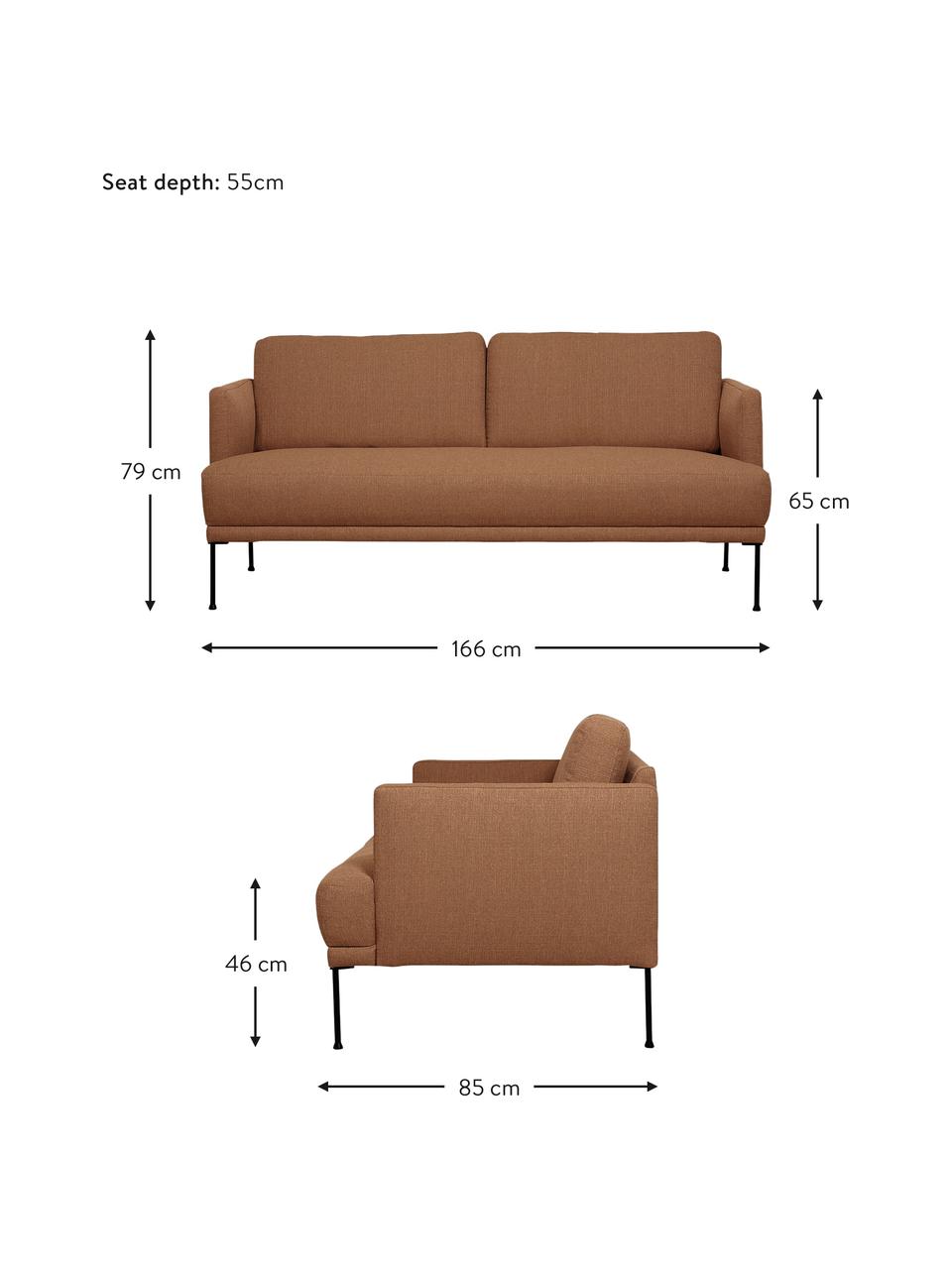 Sofa Fluente (2-Sitzer) in Nougat mit Metall-Füßen, Bezug: 100% Polyester 35.000 Sch, Gestell: Massives Kiefernholz, Füße: Metall, pulverbeschichtet, Webstoff Nougat, B 166 x T 85 cm