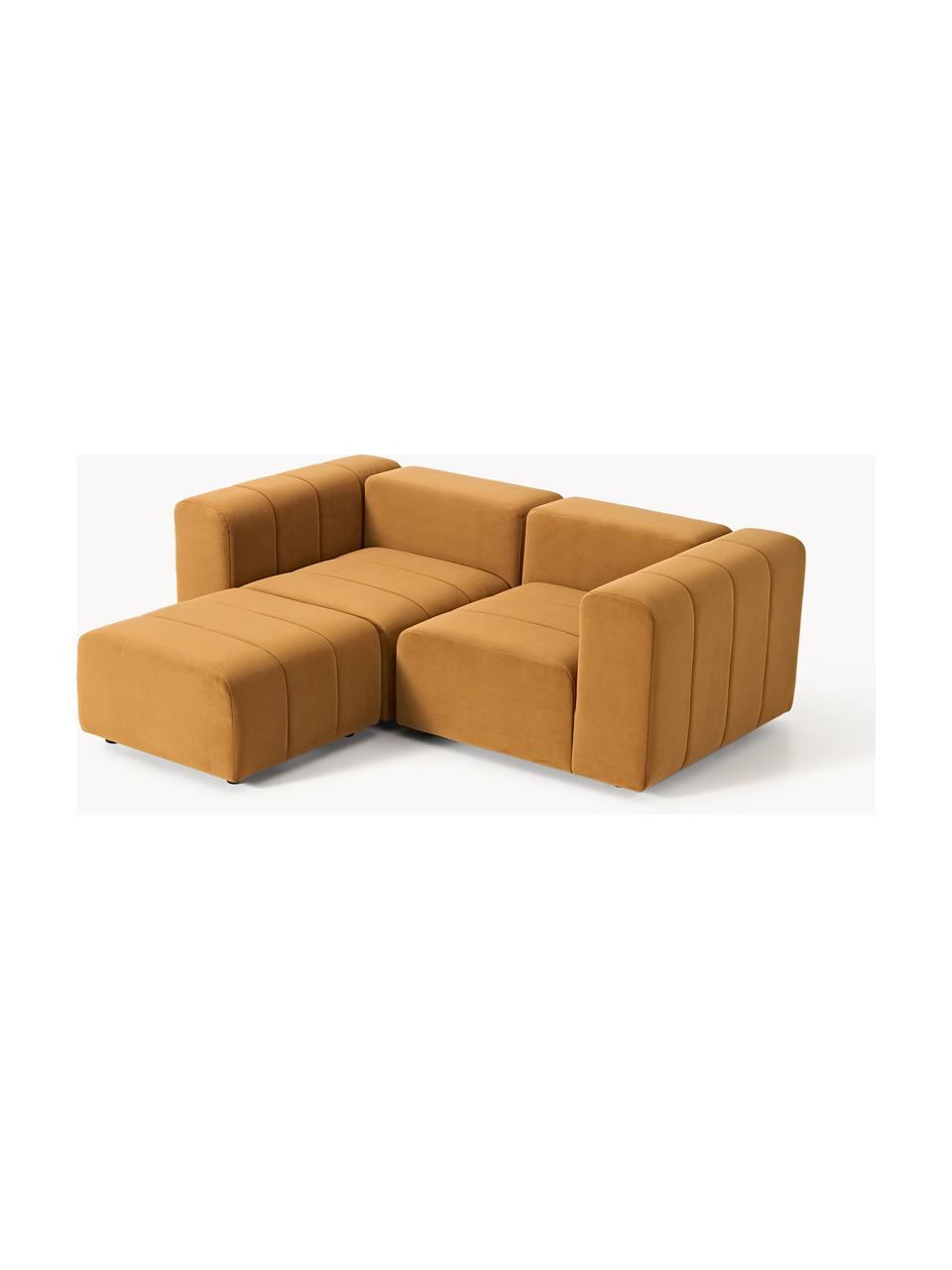 Canapé modulable 3 places en velours avec pouf Lena, Velours ocre, larg. 211 x prof. 181 cm