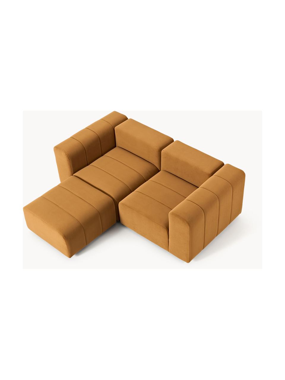 Canapé modulable 3 places en velours avec pouf Lena, Velours ocre, larg. 211 x prof. 181 cm