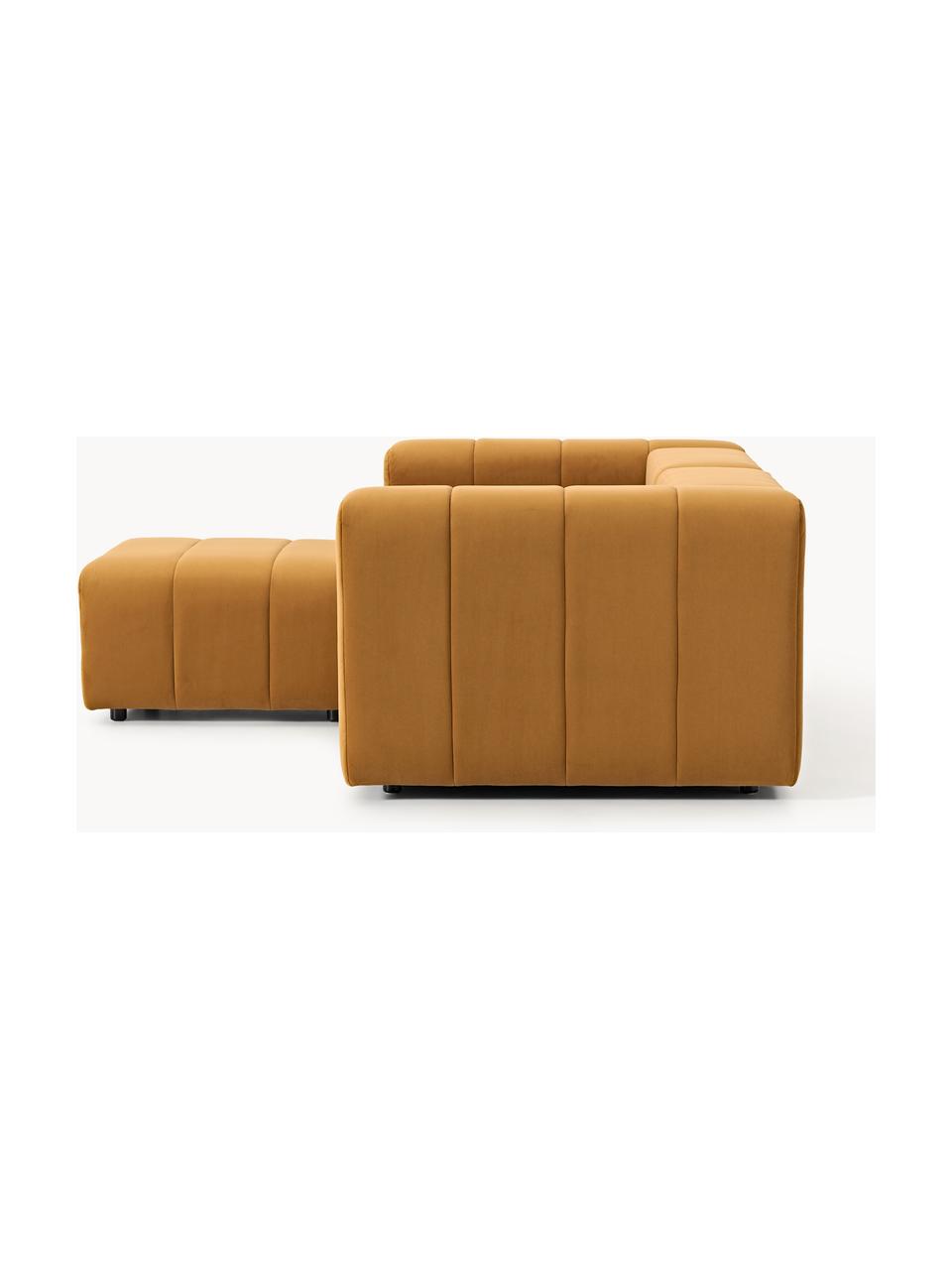 Canapé modulable 3 places en velours avec pouf Lena, Velours ocre, larg. 211 x prof. 181 cm