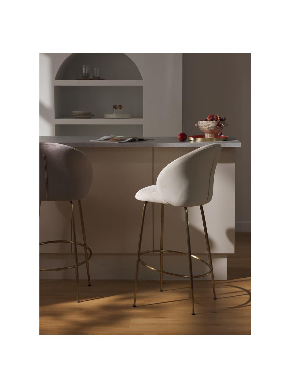 Tabouret de bar en velours Luisa, Velours blanc crème, cadre doré, larg. 54 x haut. 108 cm