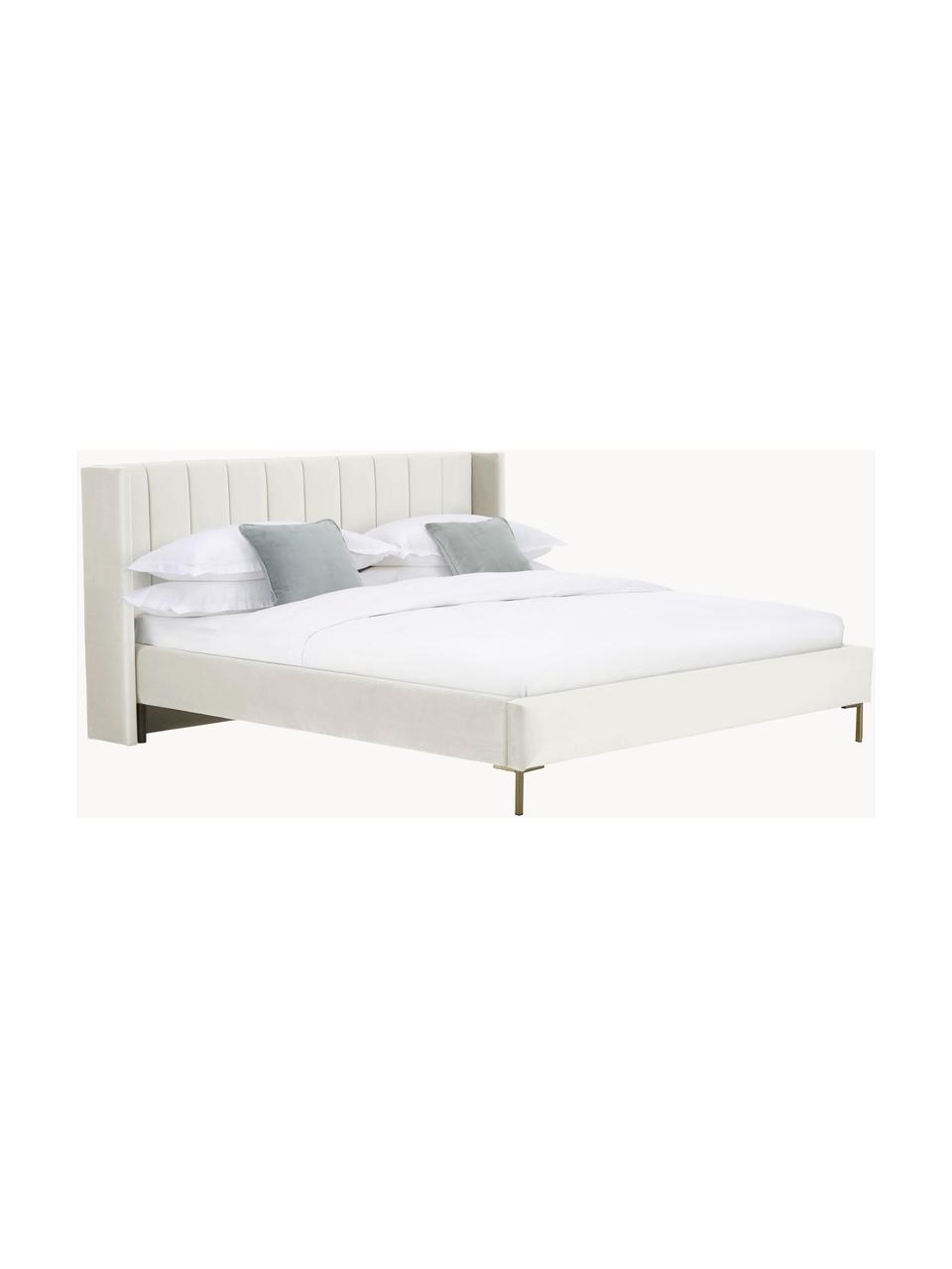 Gestoffeerd fluwelen bed Dusk, Bekleding: polyester fluweel Met 30., Frame: massief grenenhout en pla, Poten: gepoedercoat metaal Dit p, Fluweel lichtbeige, B 160 x L 200 cm