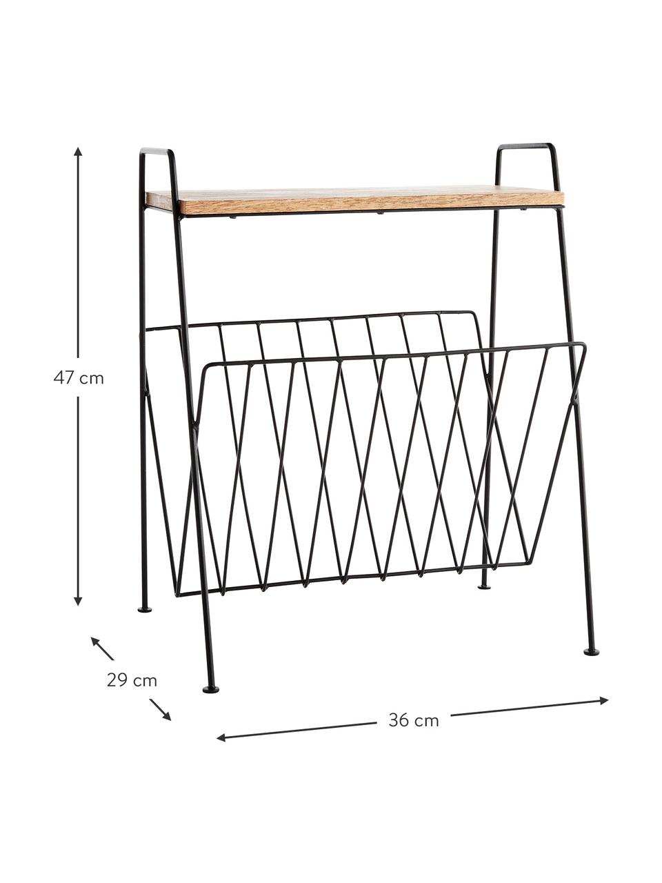 Revistero Ken, con estante de madera, Estructura: acero esmaltado, Estante: madera de mango, Negro, marrón, An 36 x Al 47 cm