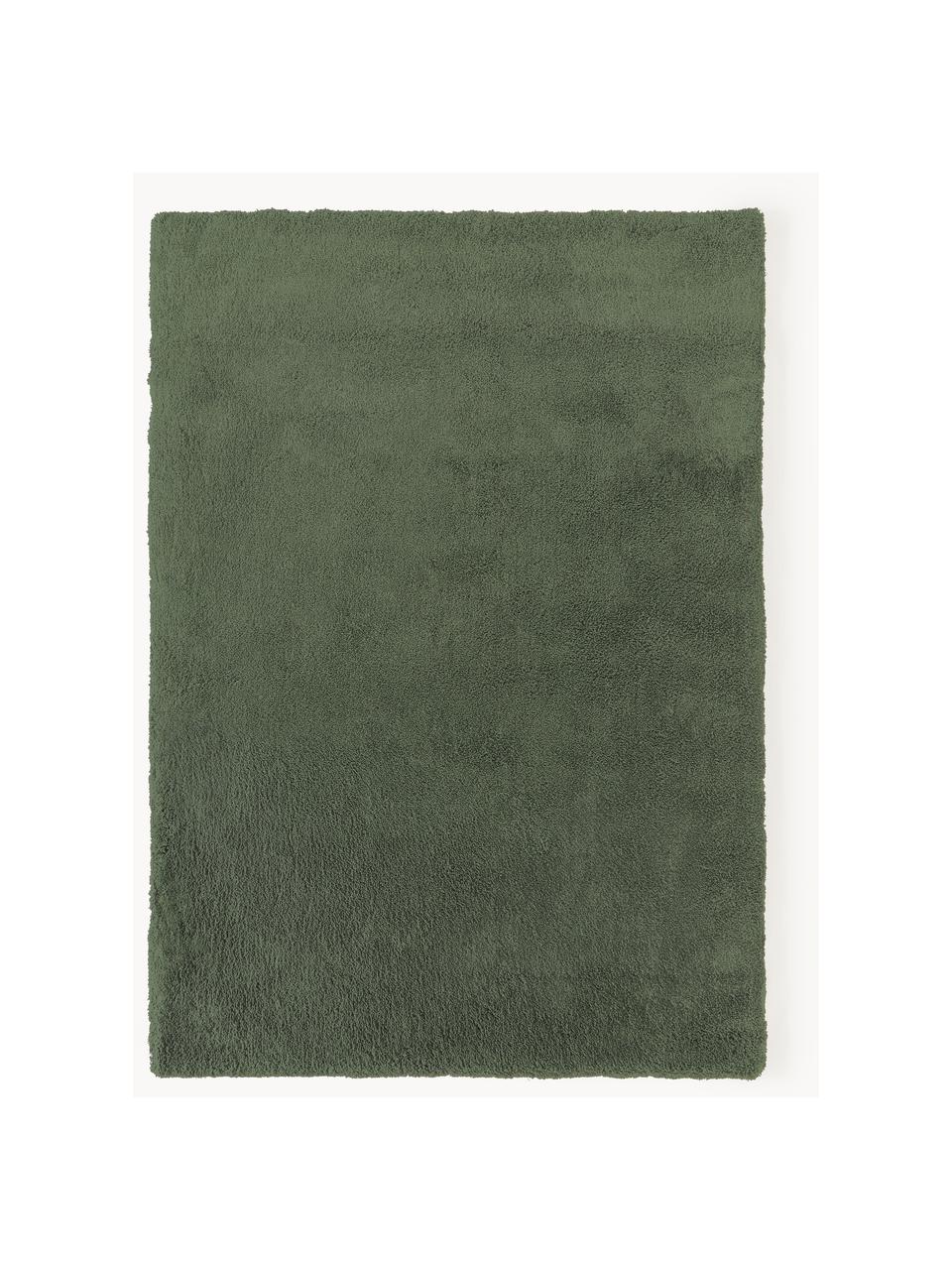 Pluizig hoogpolig vloerkleed Leighton, Onderzijde: 70% polyester, 30% katoen, Donkergroen, B 120 x L 180 cm (maat S)