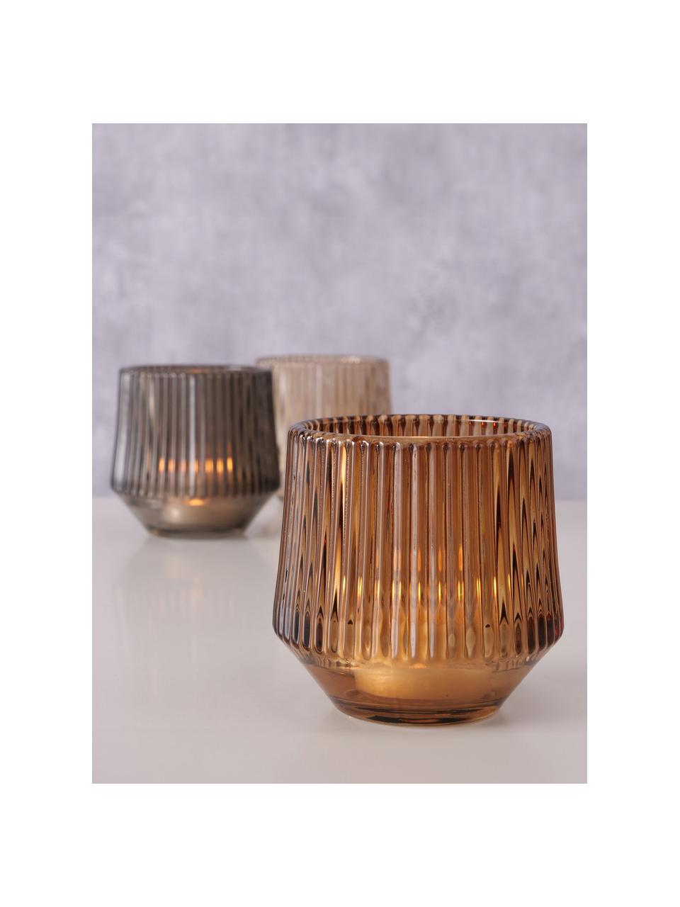 Glas-Windlichter Tiago mit Rillenrelief, 3er-Set, Glas, Brauntöne, Ø 8 x H 8 cm