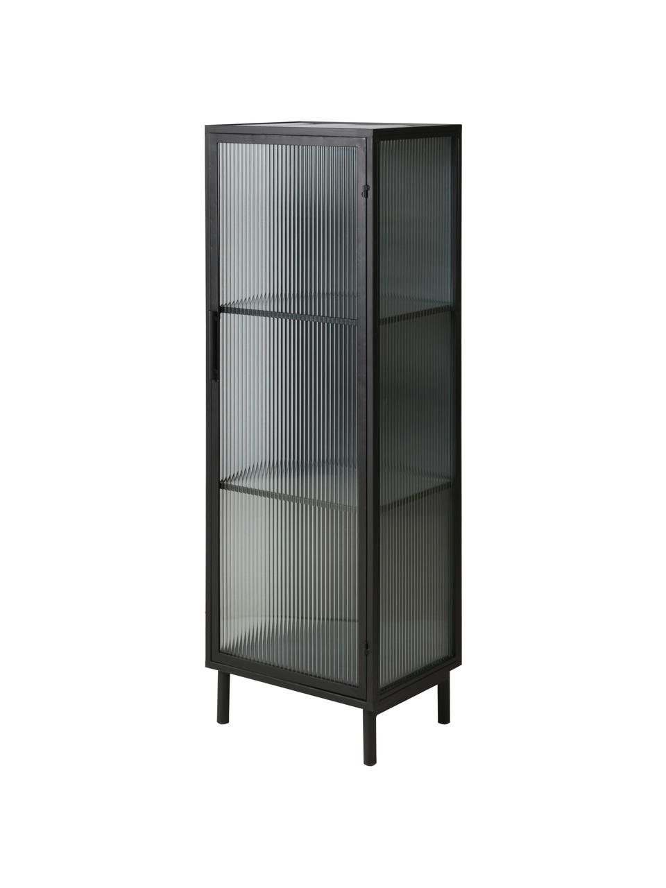 Schmale Vitrine Markus mit Rillenglas und Metallrahmen, schwarz, Gestell: Metall, beschichtet, Schwarz,Transparent, 46 x 132 cm