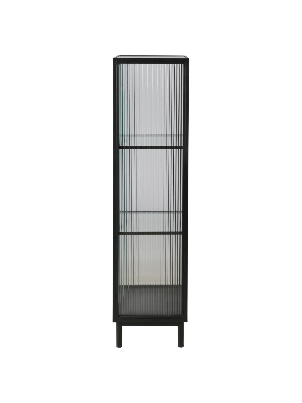 Schmale Vitrine Markus mit Rillenglas und Metallrahmen, schwarz, Gestell: Metall, beschichtet, Schwarz,Transparent, 46 x 132 cm