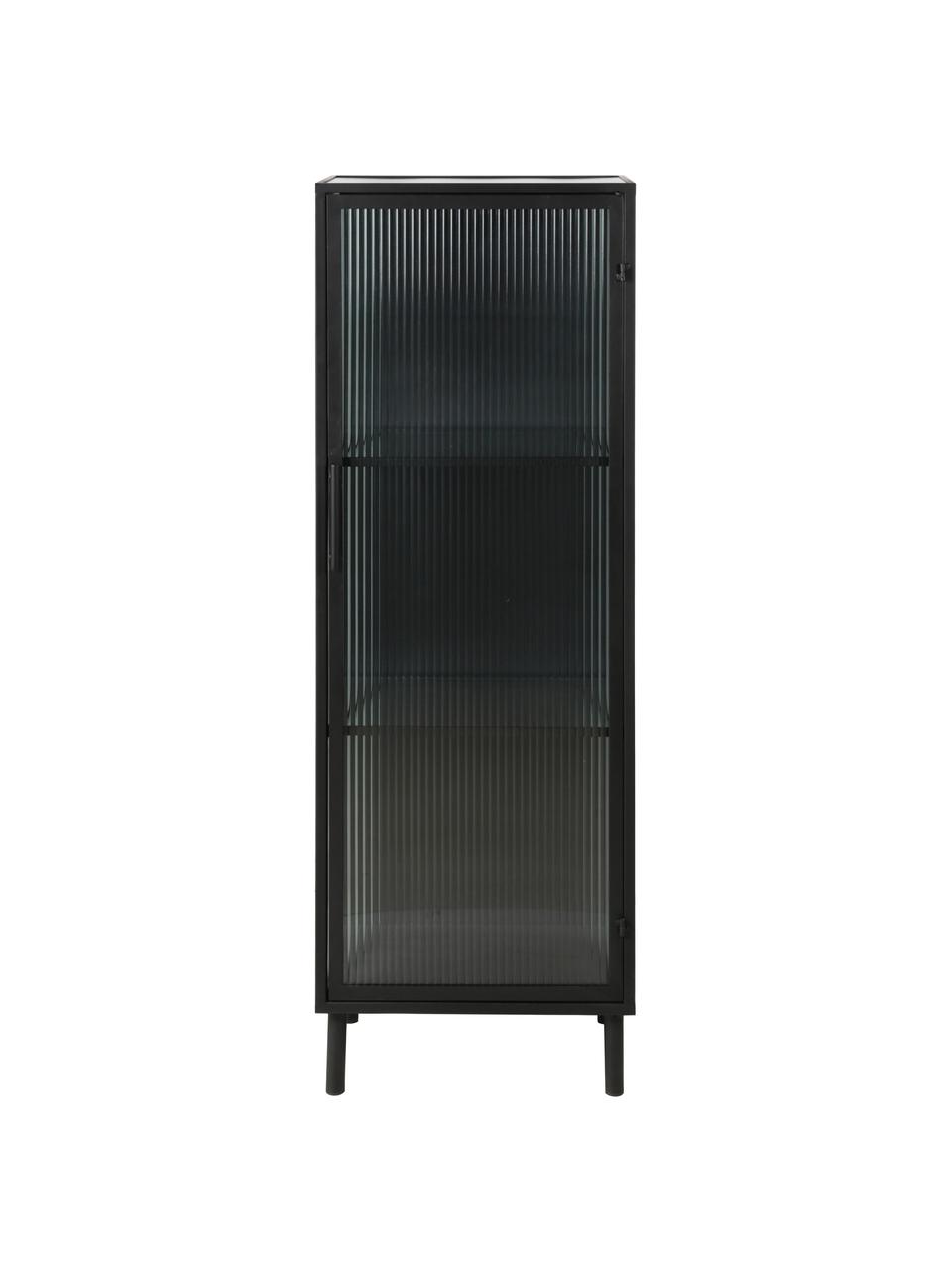 Schmale Vitrine Markus mit Rillenglas und Metallrahmen, schwarz, Gestell: Metall, beschichtet, Schwarz,Transparent, 46 x 132 cm