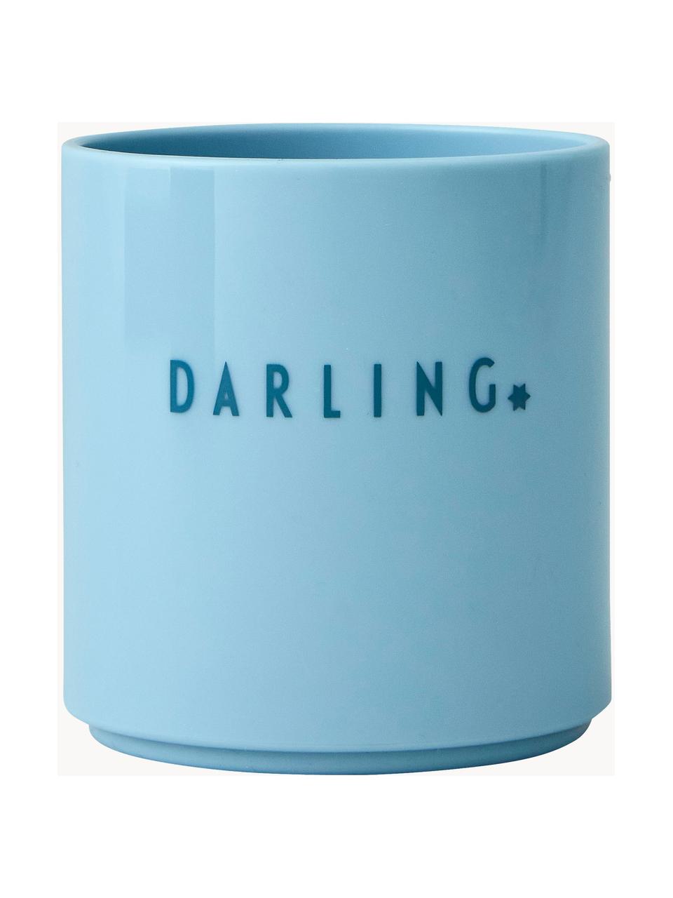 Tazza per bambini senza manico con diverse scritte avanti e dietro Mini Favorite, Senza Tritan, BPA, BPS e EA, Azzurro (Darling), Ø 7 x Alt. 7 cm, 150 ml