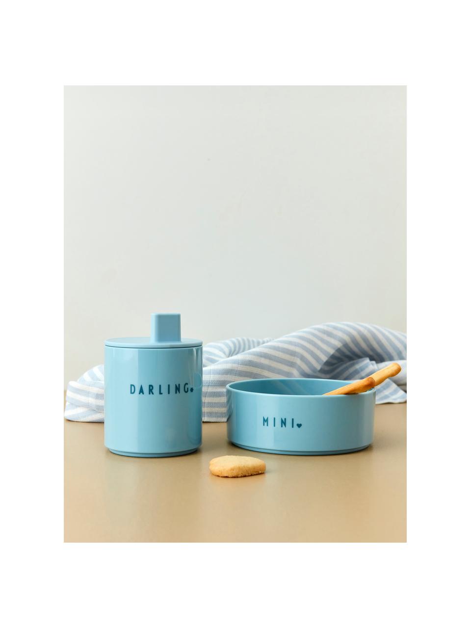 Tazza per bambini senza manico con diverse scritte avanti e dietro Mini Favorite, Senza Tritan, BPA, BPS e EA, Azzurro (Darling), Ø 7 x Alt. 7 cm, 150 ml