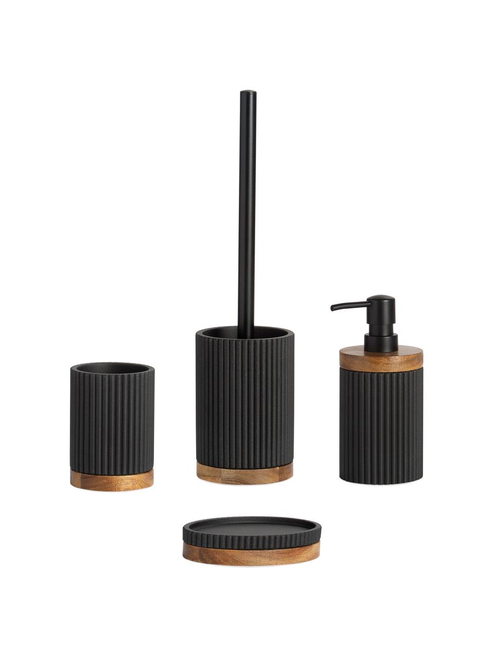 Dosificador de jabón con madera Laura, Plástico, madera de acacia, Negro, Ø 8 x Al 18 cm