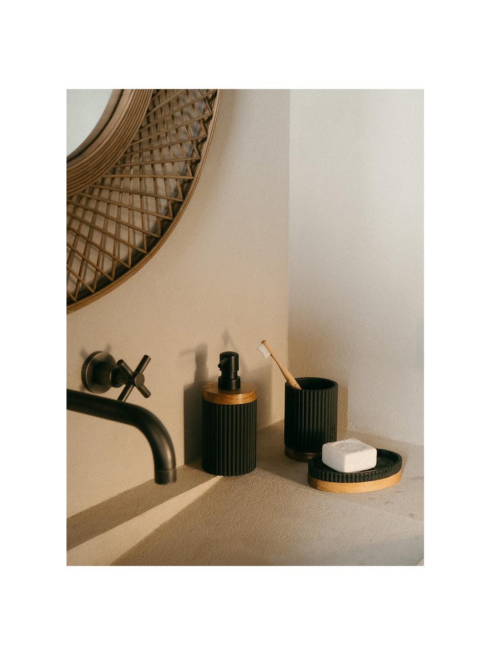 Dispenser sapone con dettaglio in legno Laura, Materiale sintetico, legno di acacia, Nero, Ø 8 x Alt. 18 cm
