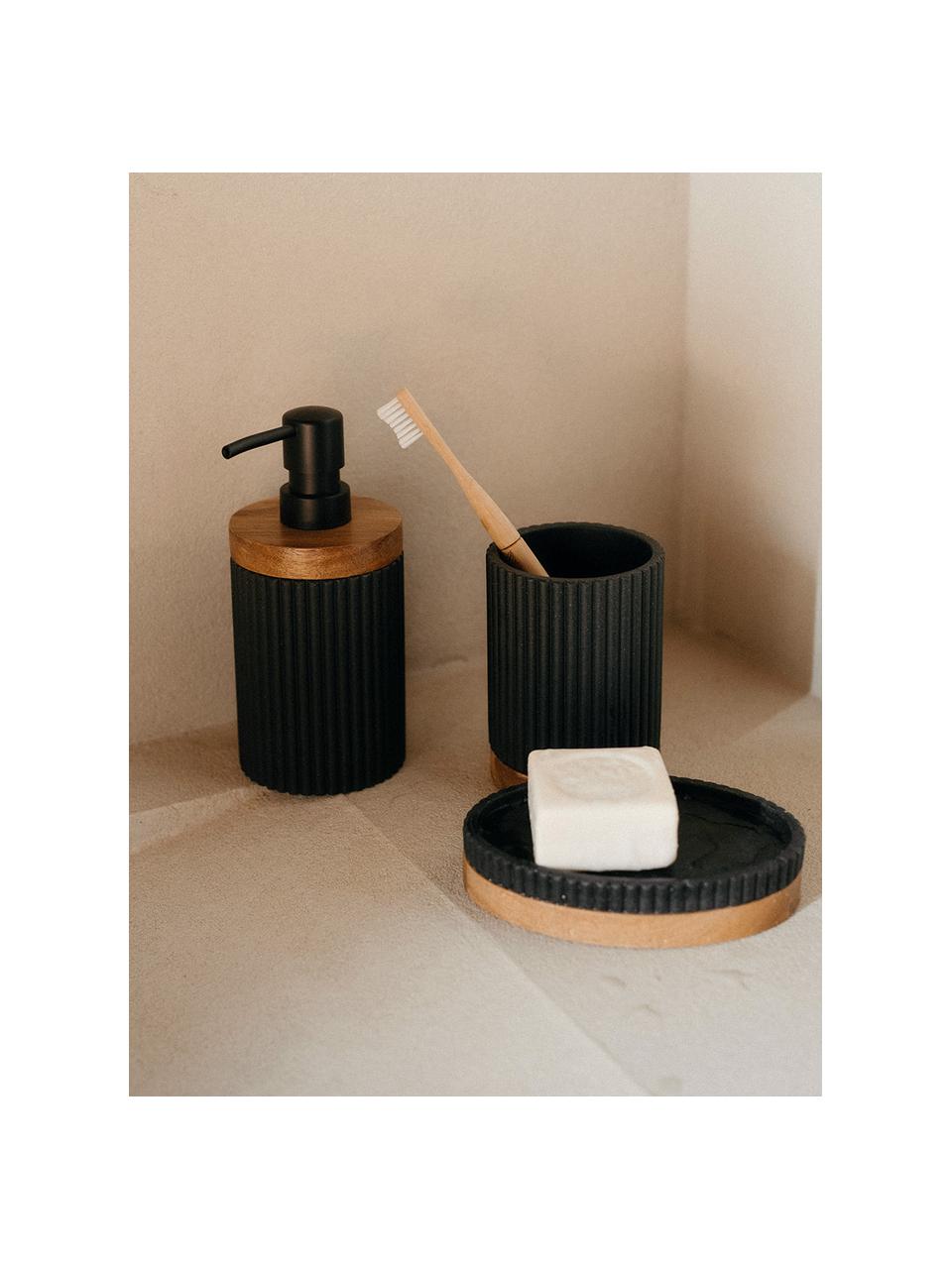 Dispenser sapone con dettaglio in legno Laura, Materiale sintetico, legno di acacia, Nero, Ø 8 x Alt. 18 cm