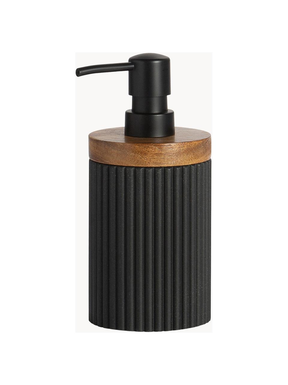 Distributeur de savon Laura, Plastique, bois d'acacia, Noir, bois foncé, Ø 8 x haut. 18 cm