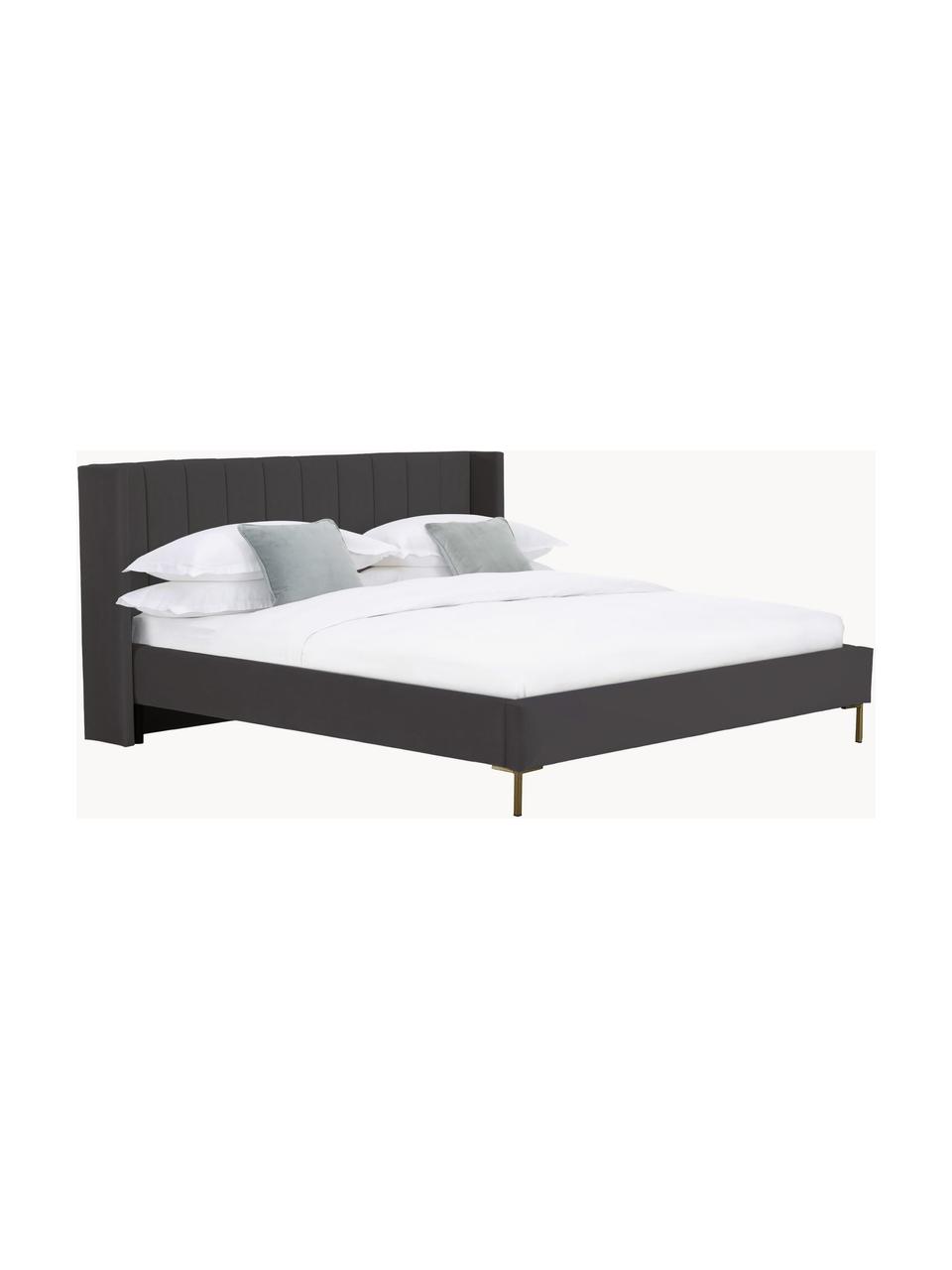 Cama tapizada en terciopelo Dusk, Tapizado: terciopelo de poliéster A, Estructura: madera de pino maciza con, Patas: metal con pintura en polv, Terciopelo gris antracita, An 140 x L 200 cm