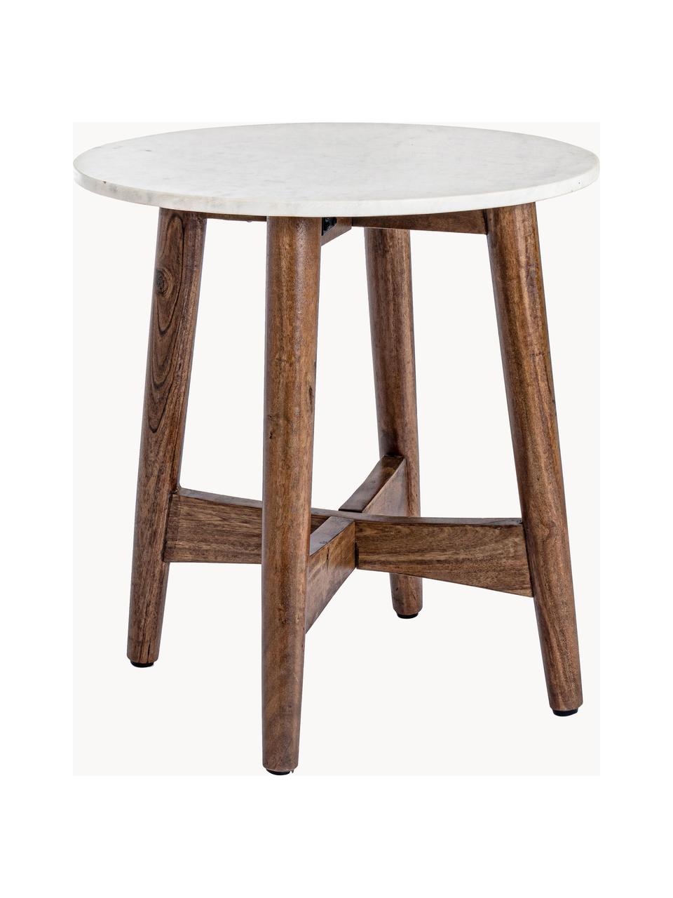 Table d'appoint ronde avec plateau en marbre Sylvester, Blanc marbré, bois d'acacia, Ø 52 x haut. 55 cm