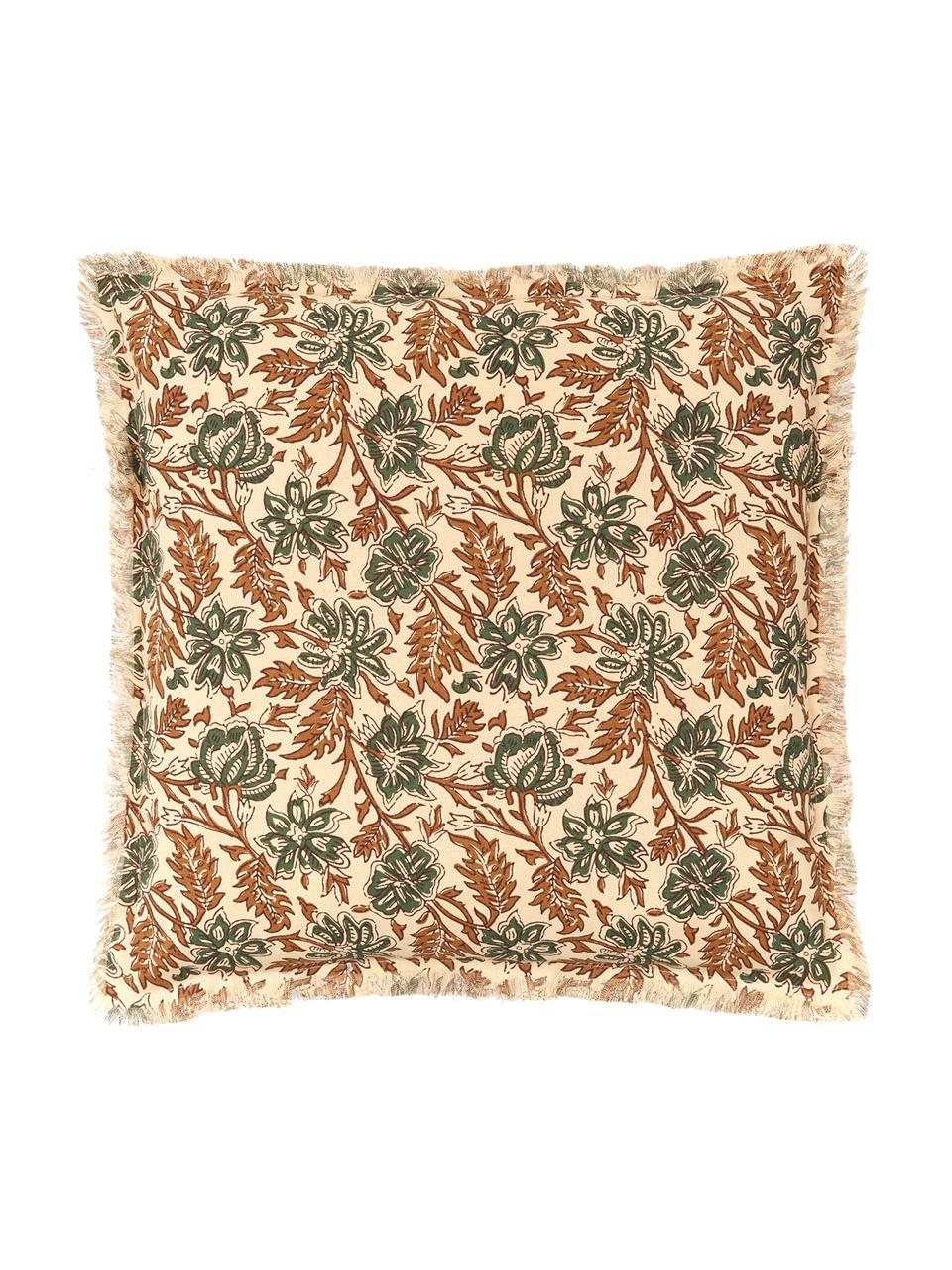 Federa arredo con frange Summerleaves, 100% cotone, Crema, verde, marrone, Larg. 50 x Lung. 50 cm