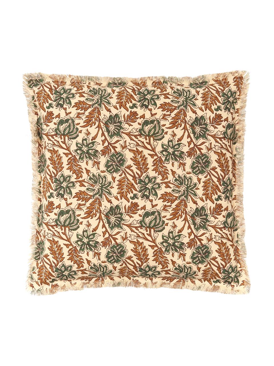 Poszewka na poduszkę z frędzlami Summerleaves, 100% bawełna, Kremowy, zielony, brązowy, S 50 x D 50 cm