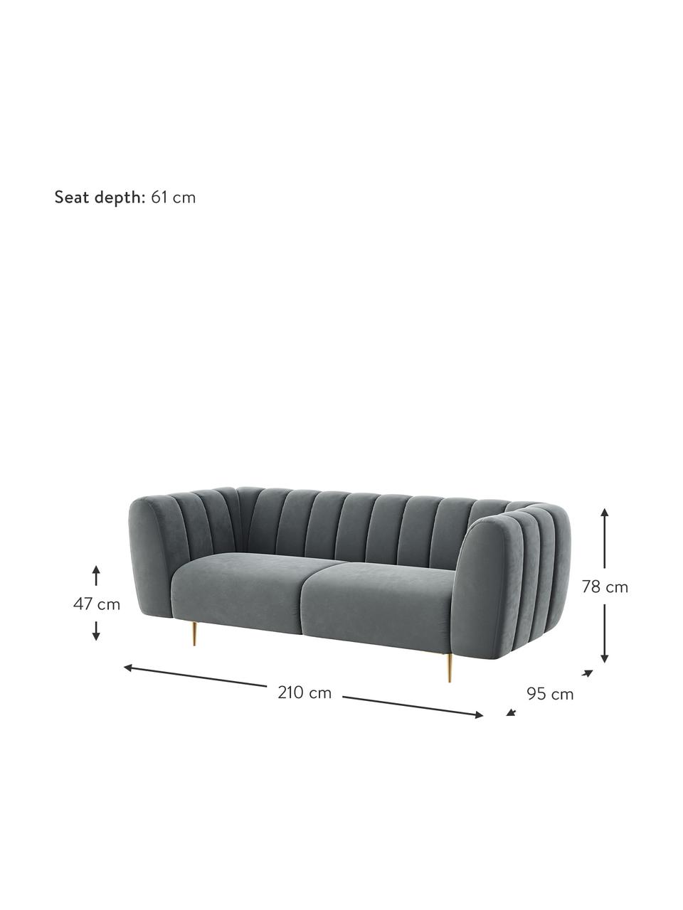 Sofá de terciopelo Shel (3 plazas), Tapizado: 100% terciopelo de poliés, Asiento: muelles ondulados, espuma, Estructura: madera dura, madera bland, Patas: metal recubierto, Terciopelo gris oscuro, patas latón, An 210 x F 95 cm