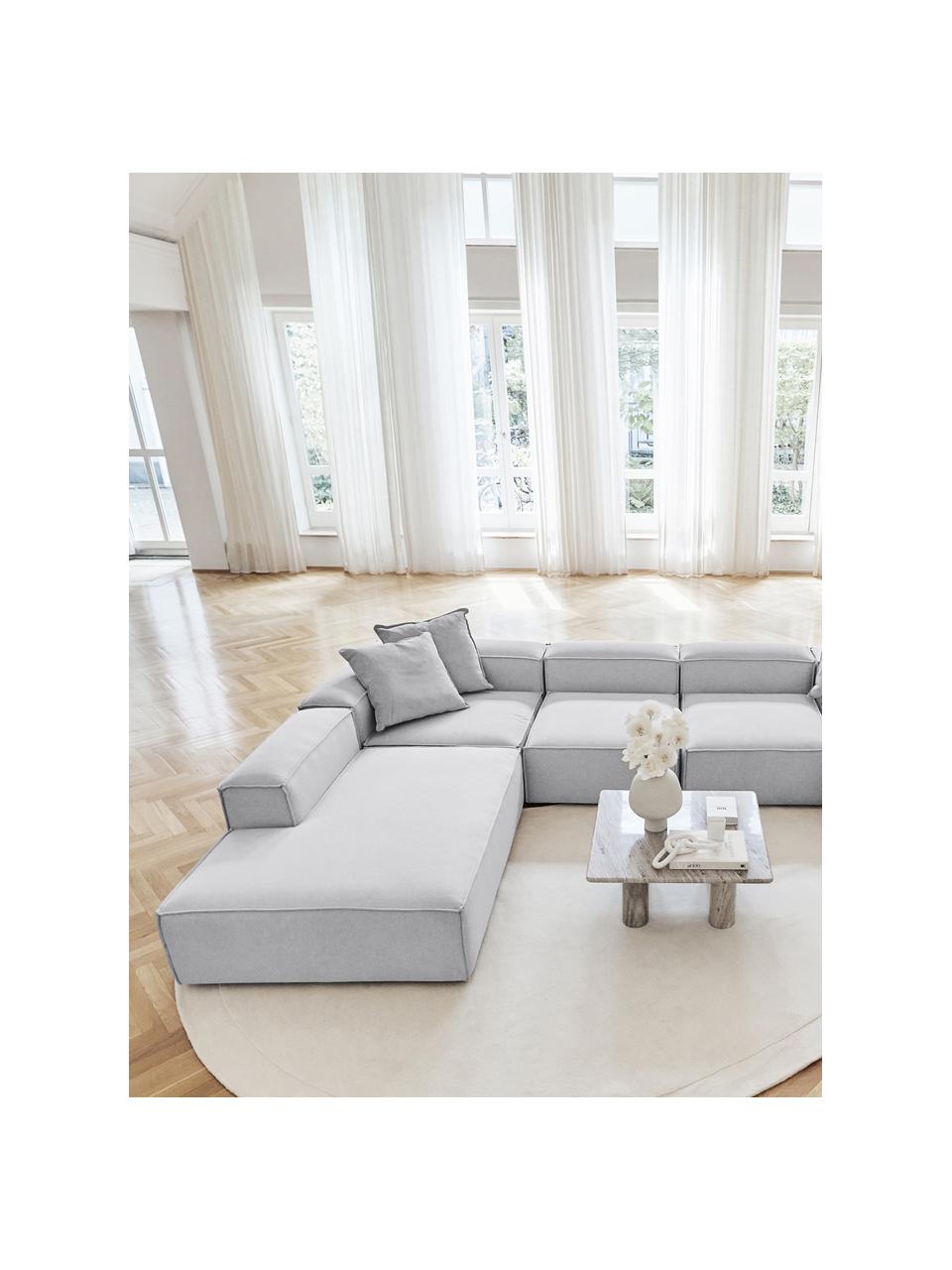 Canapé lounge modulable Lennon, Tissu gris clair, larg. 418 x prof. 68 cm, méridienne à gauche