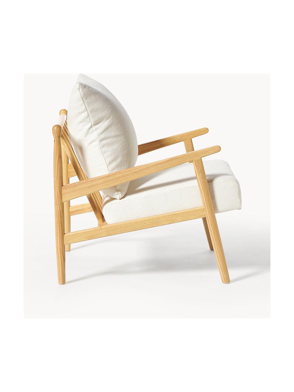 Fotel wypoczynkowy Bouclé Mikkel, Tapicerka: Bouclé (100% poliester) D, Bouclé w odcieniu złamanej bieli, drewno kauczukowe lakierowane, S 66 x G 77 cm