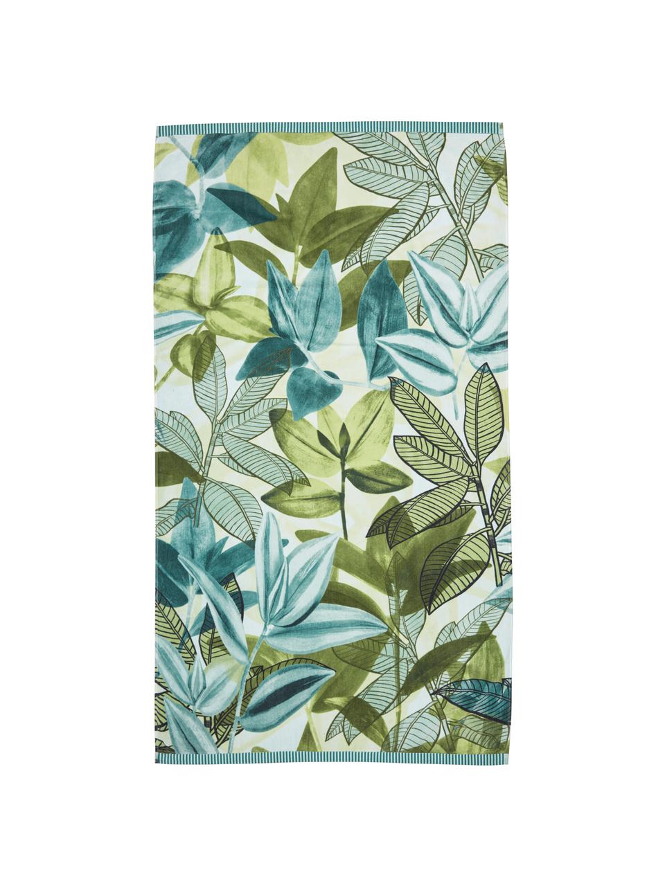 Telo mare con motivo floreale in cotone organico Jungle, Tonalità blu- verde, con motivo a foglie, Larg. 100 x Lung. 180 cm