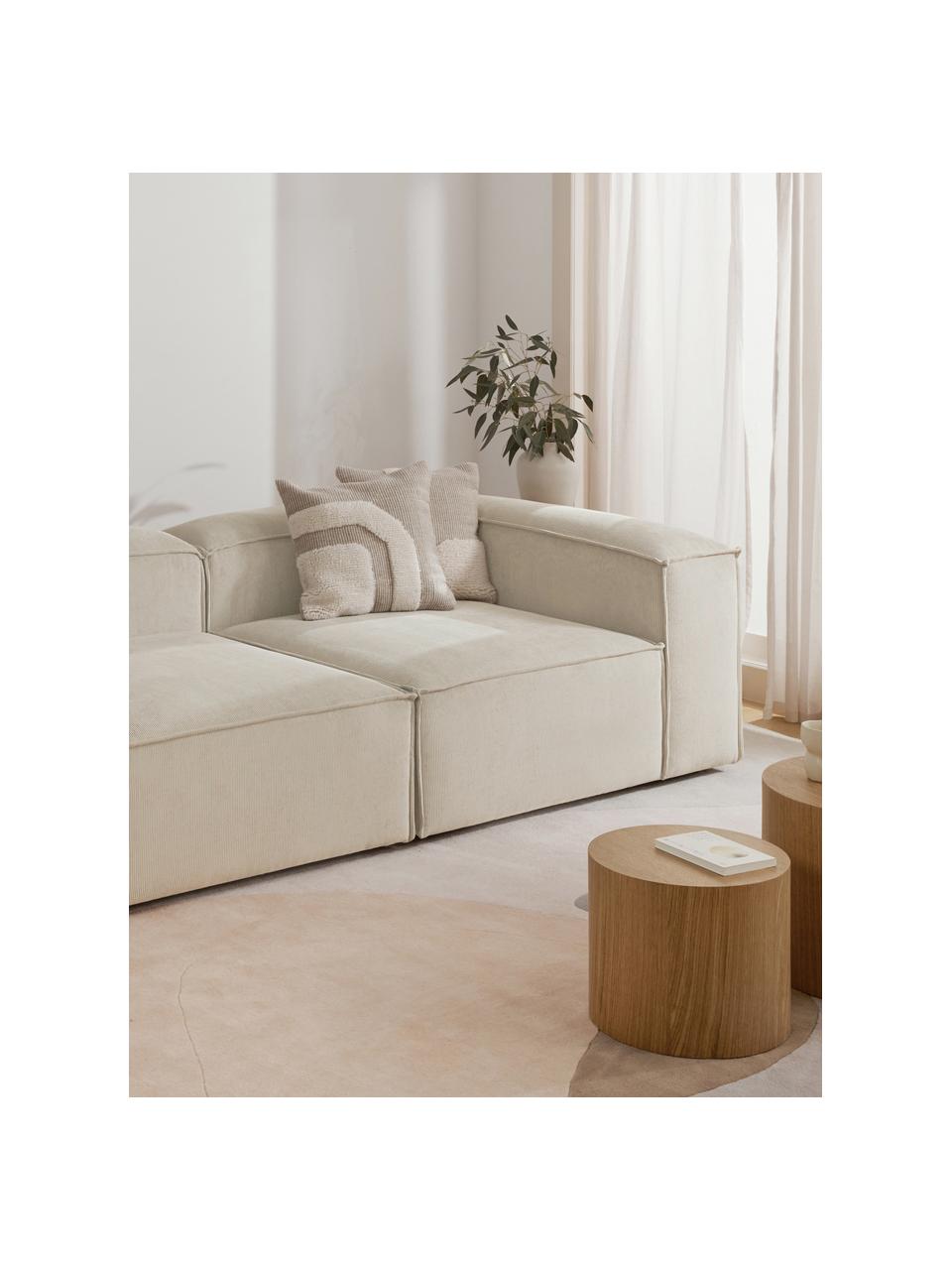 Eckmodul Lennon aus Cord, Bezug: Cord (92 % Polyester, 8 %, Gestell: Massives Kiefernholz, Spe, Füße: Kunststoffx Dieses Produk, Cord Hellbeige, B 119 x T 119 cm, Eckteil links