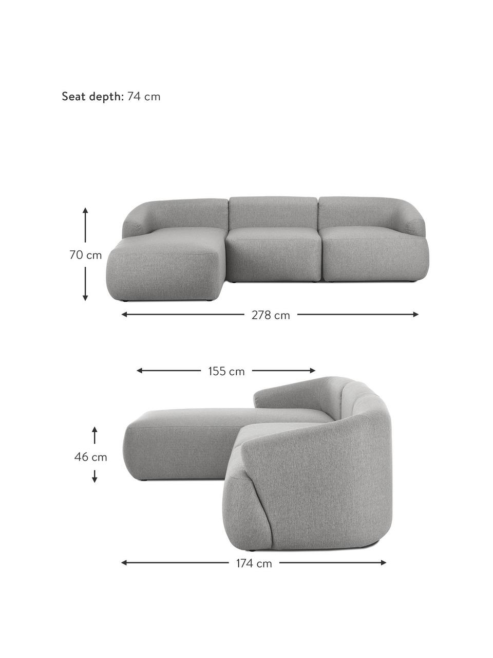 Canapé d'angle modulable Sofia, Tissu gris, larg. 278 x prof. 174 cm, module d'angle droit