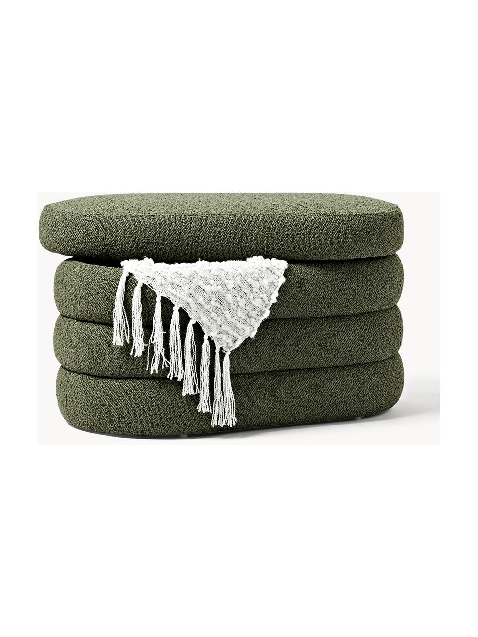 Banco pequeño tapizado en tejido bouclé con espacio de almacenamiento Alto, Tapizado: tejido bouclé (100% polié, Estructura: madera de pino, madera co, Bouclé verde oscuro, An 82 x L 47 cm