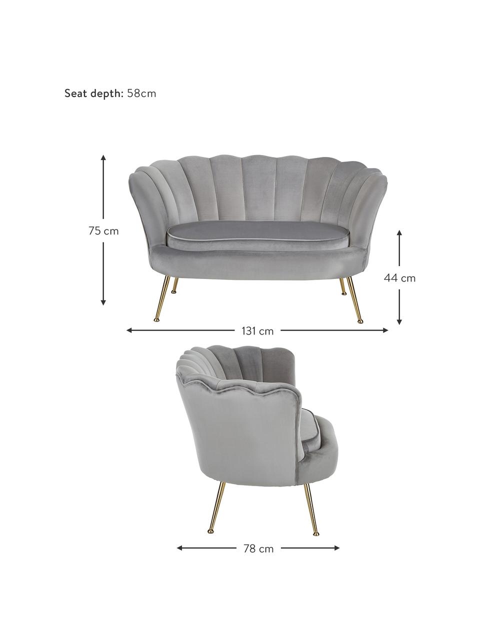 Sofá de terciopelo Oyster (2 plazas), Tapizado: terciopelo (poliéster) Al, Estructura: madera de eucalipto maciz, Patas: metal galvanizado, Terciopelo gris, An 131 x F 78 cm