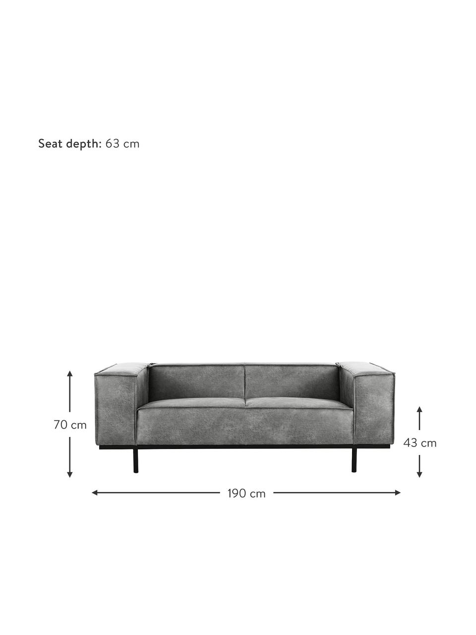 Canapé 2 places cuir gris foncé Abigail, Cuir gris foncé, larg. 190 x prof. 95 cm