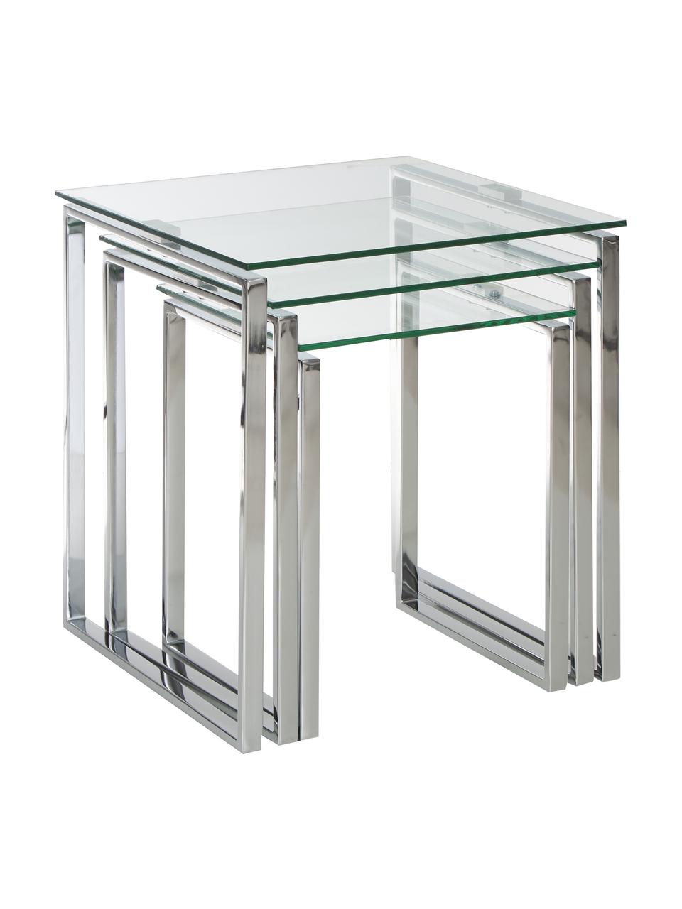 Bijzettafel Katrine met glazen blad, set van 3, Frame: verchroomd staal, Tafelblad: veiligheidsglas, Chroomkleurig, transparant, Set met verschillende formaten