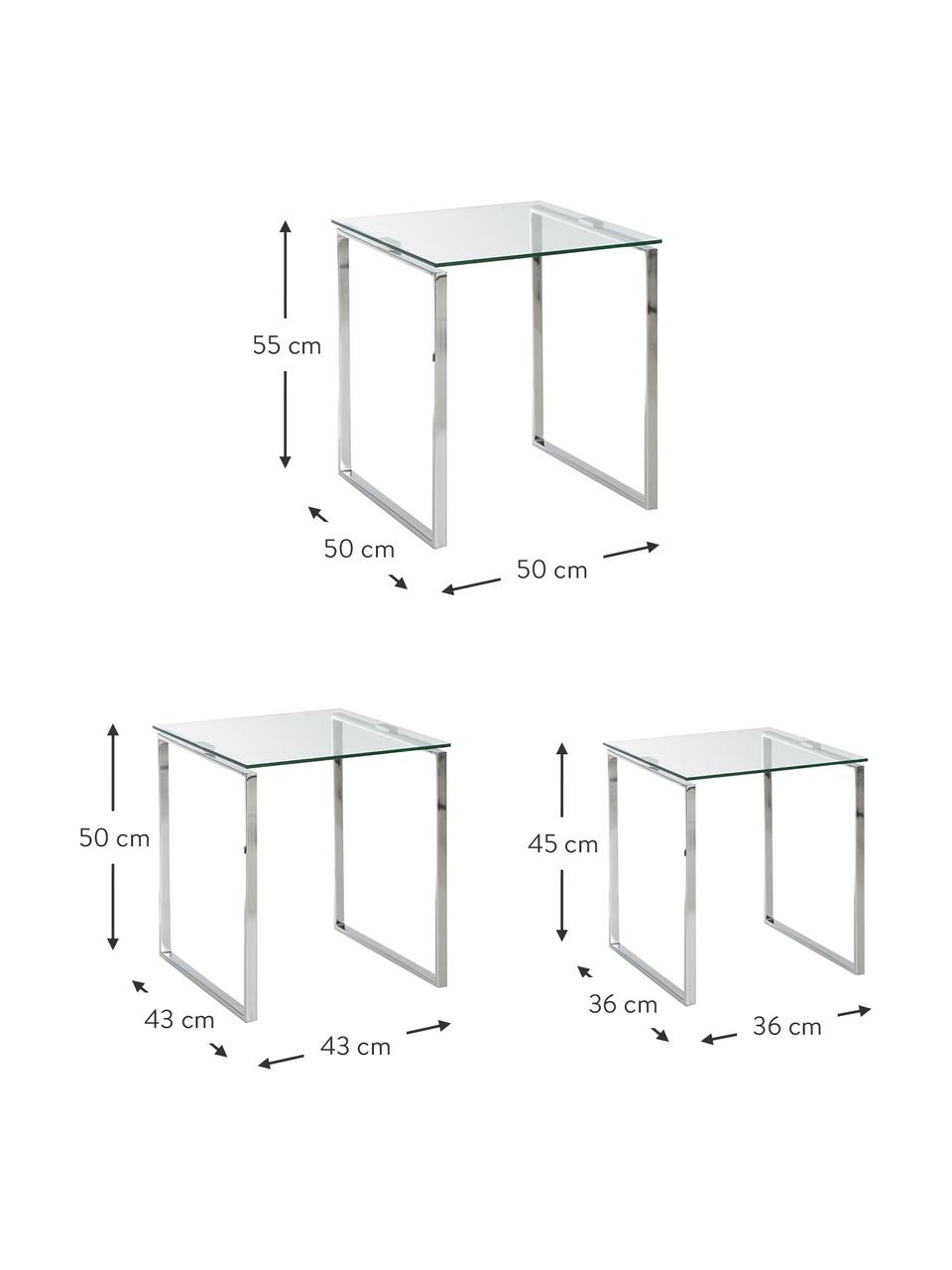 Set de mesas auxiliares Katrine, 3 uds., tablero de cristal, Estructura: acero, cromado, Tablero: vidrio laminado, Cromo, transparente, Set de diferentes tamaños