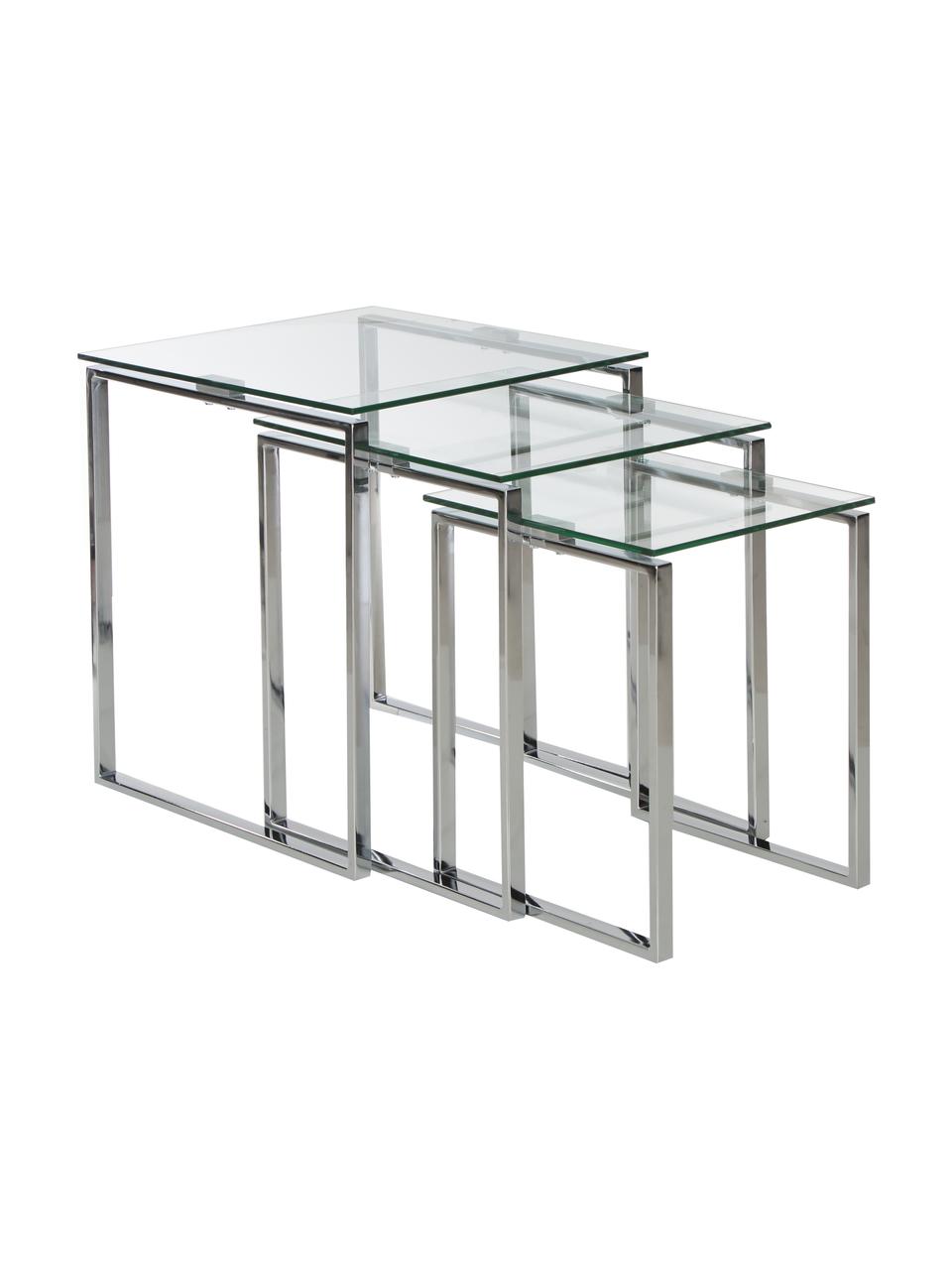 Beistelltisch 3-Set Katrine mit Glasplatte, Gestell: Stahl, verchromt, Tischplatte: Sicherheitsglas, Chromfarben, Transparent, Set mit verschiedenen Größen