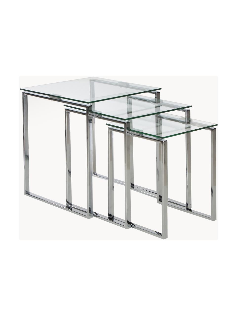 Set 3 tavolini con piano in vetro Katrine, Struttura: acciaio cromato, Piano d'appoggio: vetro temperato, Cromato, trasparente, Set in varie misure