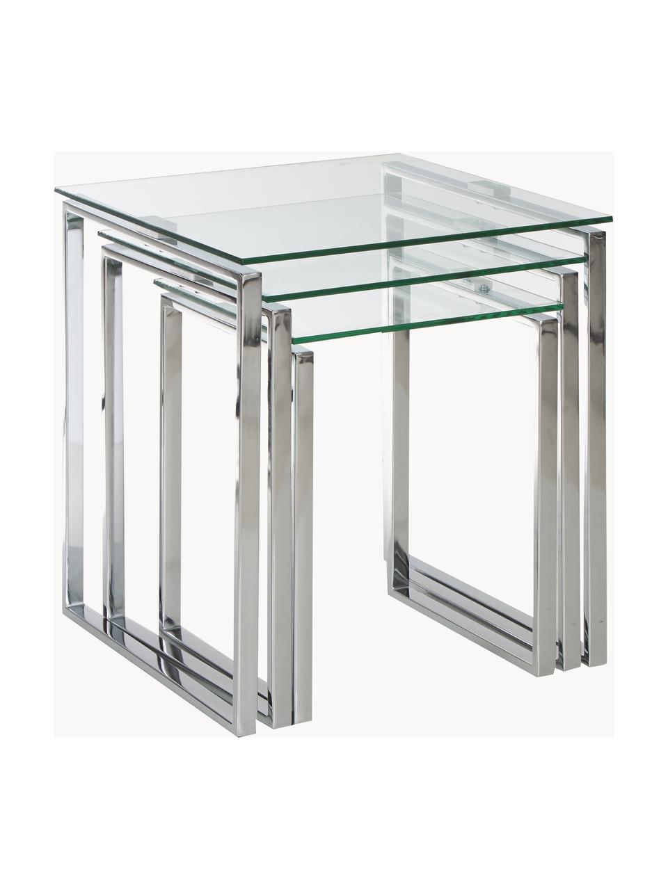 Beistelltisch Katrine mit Glasplatte, 3er-Set, Gestell: Stahl, verchromt, Tischplatte: Sicherheitsglas, Chromfarben, Transparent, Set mit verschiedenen Grössen