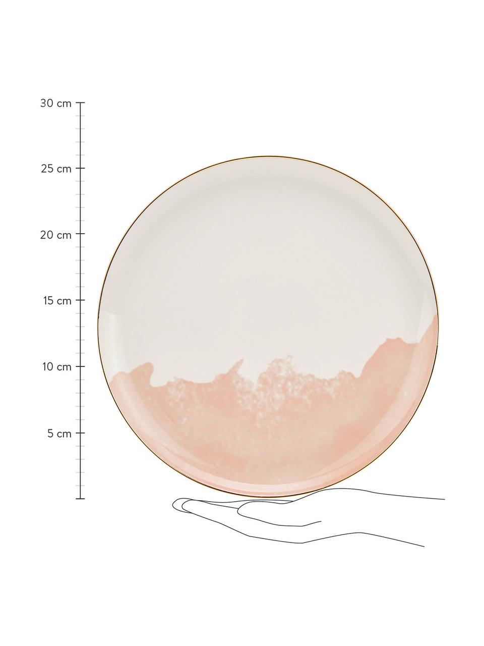 Talerz duży z porcelany Rosie, 2 szt., Porcelana, Biały, blady różowy, ze złotą krawędzią, Ø 26 x W 2 cm