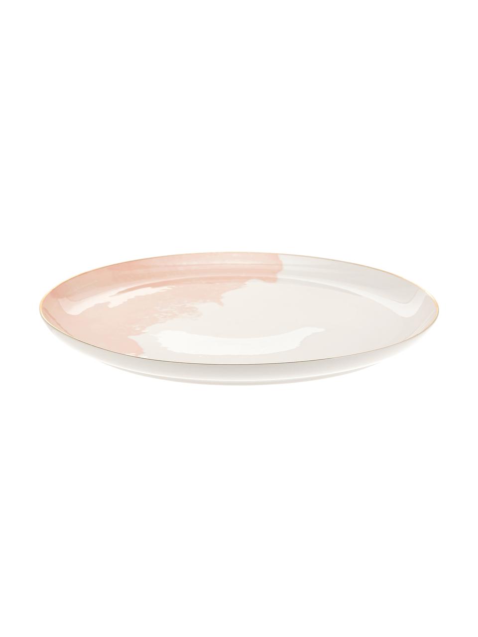 Porseleinenen dinerborden Rosie met abstract patroon en goudkleurige rand, 2 stuks, Porselein, Wit, roze, Ø 26 x H 2 cm