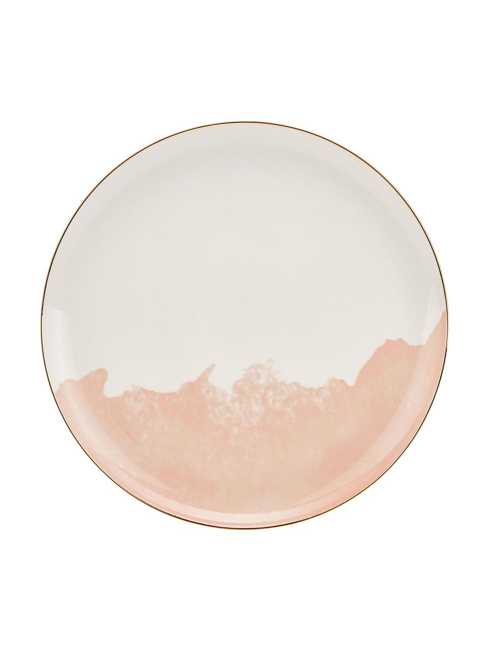 Porseleinenen dinerborden Rosie met abstract patroon en goudkleurige rand, 2 stuks, Porselein, Wit, roze, Ø 26 x H 2 cm