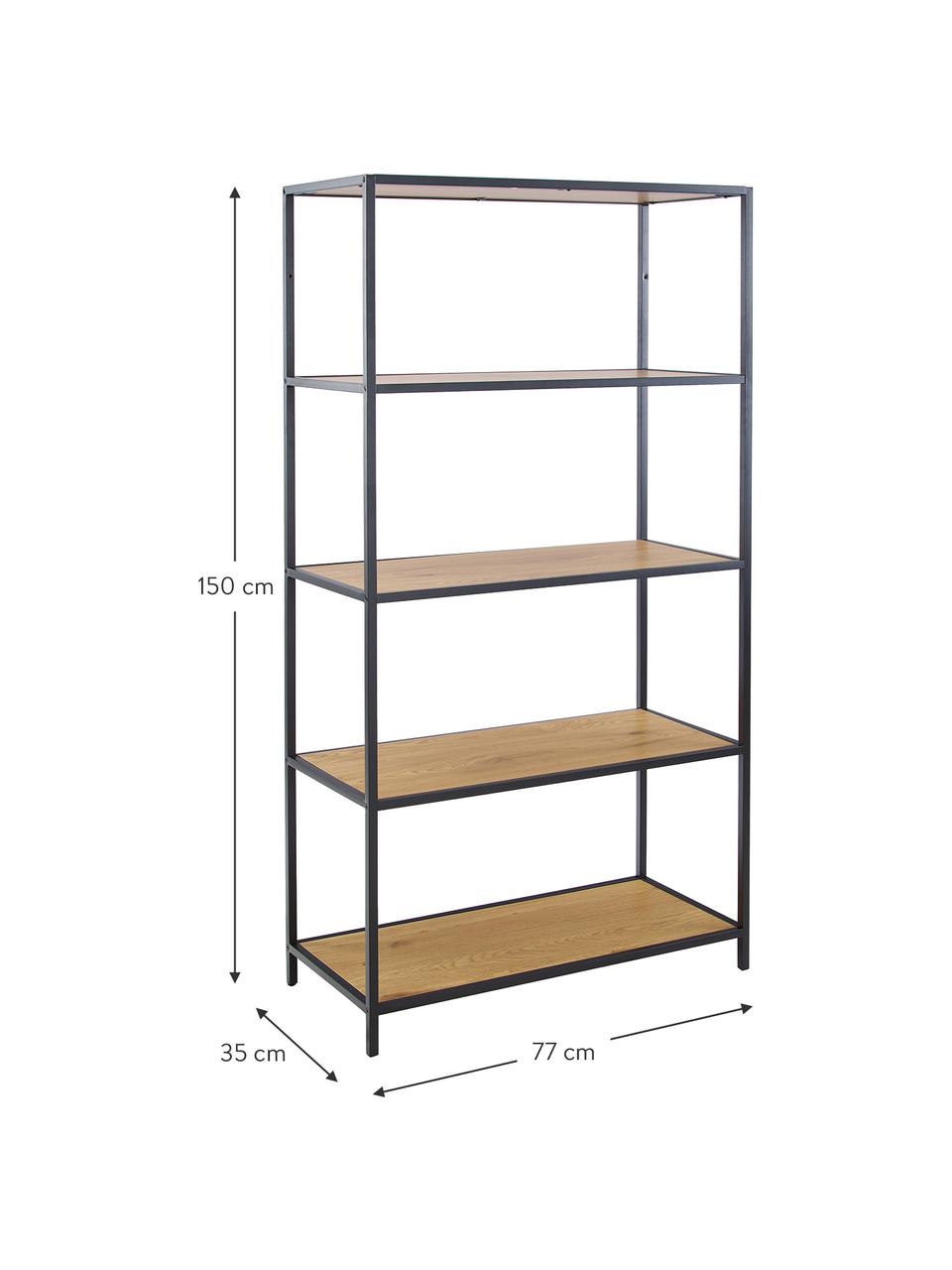 Scaffale in legno e metallo Seaford, Ripiani: pannelli di fibra a media, Struttura: metallo verniciato a polv, Legno di quercia selvatica, nero, Larg. 77 x Alt. 150 cm
