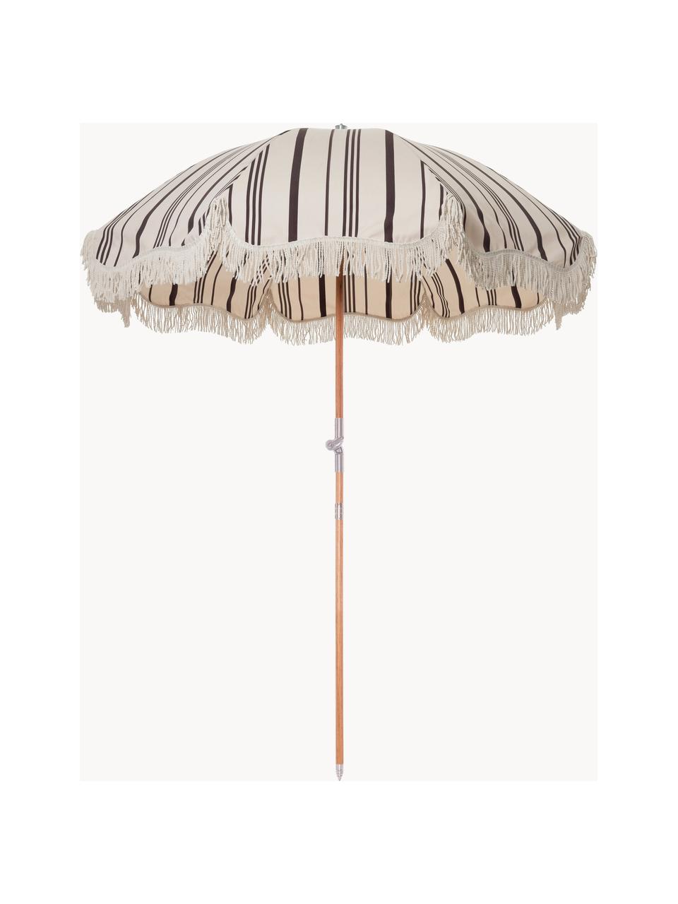 Gestreepte parasol Retro met franjes, knikbaar, Frame: gelamineerd hout, Franjes: katoen, Zwart, gebroken wit, Ø 180 x H 230 cm