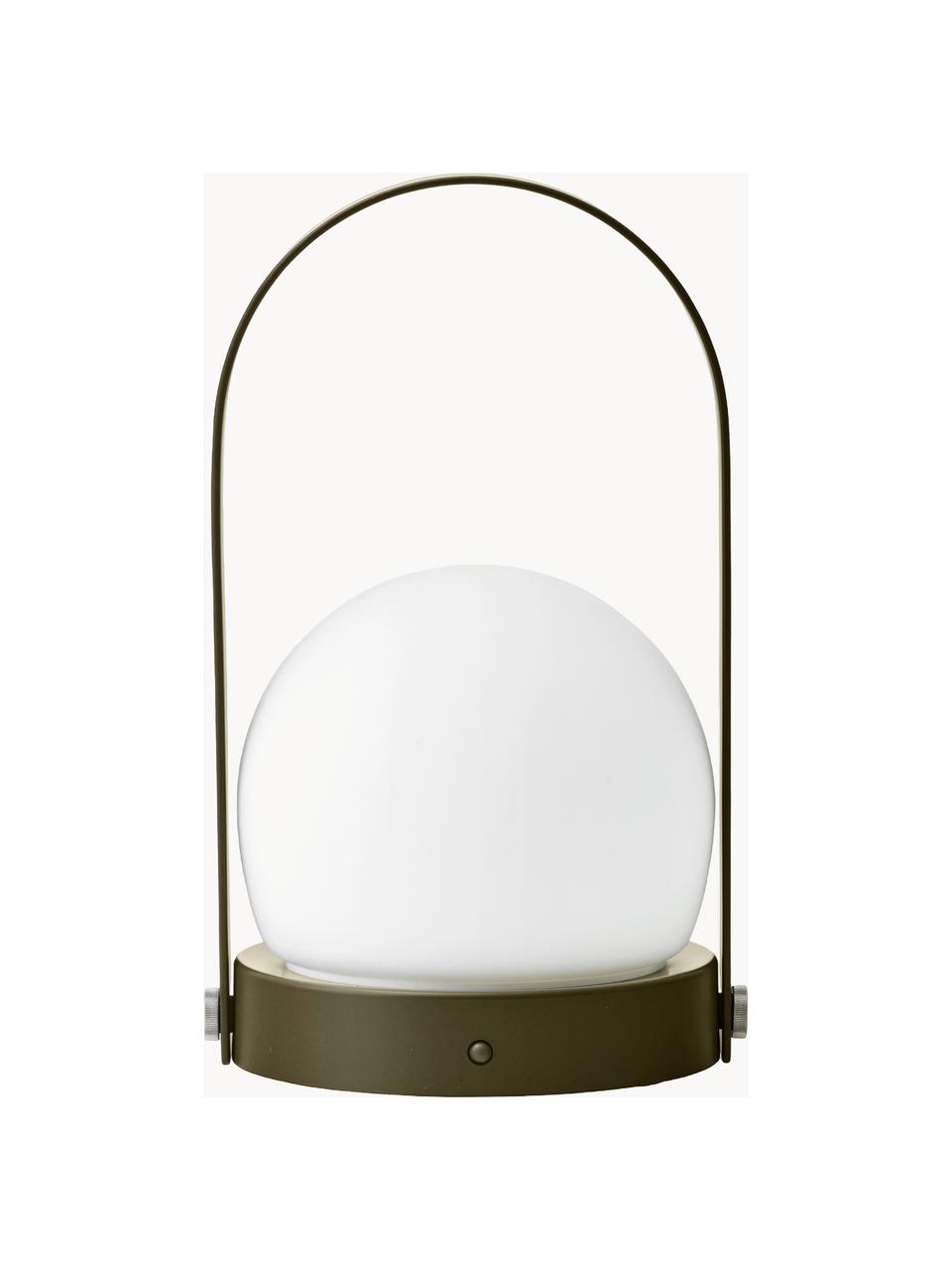 Lampada da tavolo piccola portatile Carrie, luce regolabile, Paralume: vetro opale, Struttura: alluminio rivestito, Bianco, verde oliva, Ø 14 x Alt. 25 cm