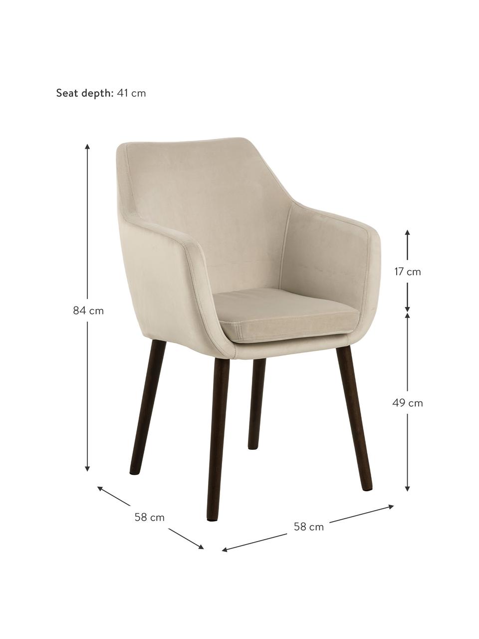 Samt-Armlehnstuhl Nora mit Holzbeinen, Bezug: Polyestersamt Der hochwer, Beine: Eichenholz, gebeizt und l, Samt Beige, Schwarz, B 58 x T 58 cm