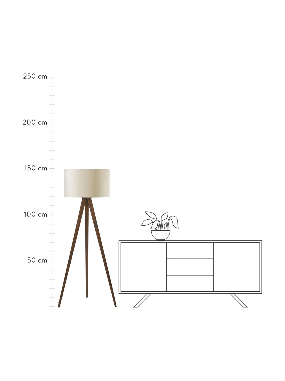 Lámpara de pie trípode escandinava de terciopelo y madera maciza Jake, Pantalla: terciopelo, Cable: plástico, Crema, marrón, Ø 60 x Al 150 cm